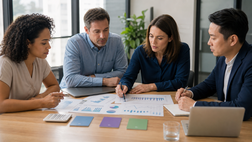 Equipo de finanzas y administración revisando previsiones, desviaciones y escenarios con supervisión humana