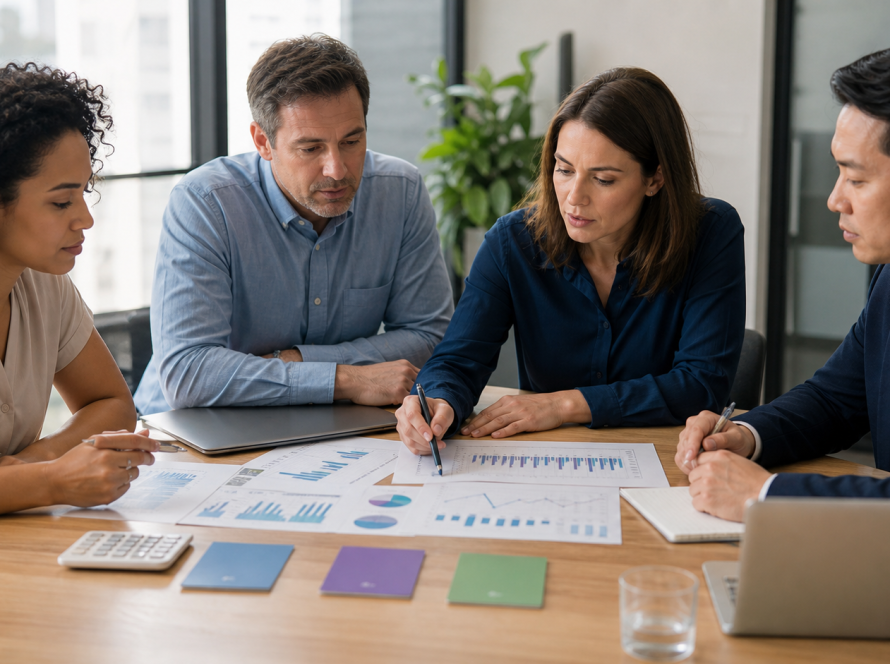 Equipo de finanzas y administración revisando previsiones, desviaciones y escenarios con supervisión humana
