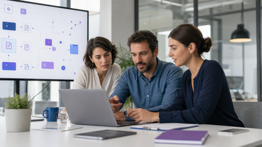 Equipo profesional diseñando un flujo de trabajo asistido por inteligencia artificial