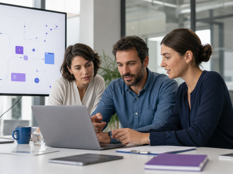 Equipo profesional diseñando un flujo de trabajo asistido por inteligencia artificial