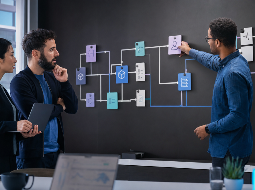 Equipo revisando un flujo continuo de código, pruebas, infraestructura, despliegue y modelos de machine learning