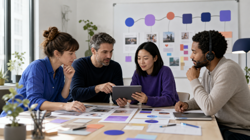 Equipo de marketing, ventas y atención al cliente diseñando el recorrido del cliente con inteligencia artificial