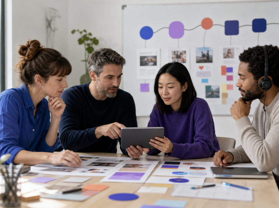 Equipo de marketing, ventas y atención al cliente diseñando el recorrido del cliente con inteligencia artificial
