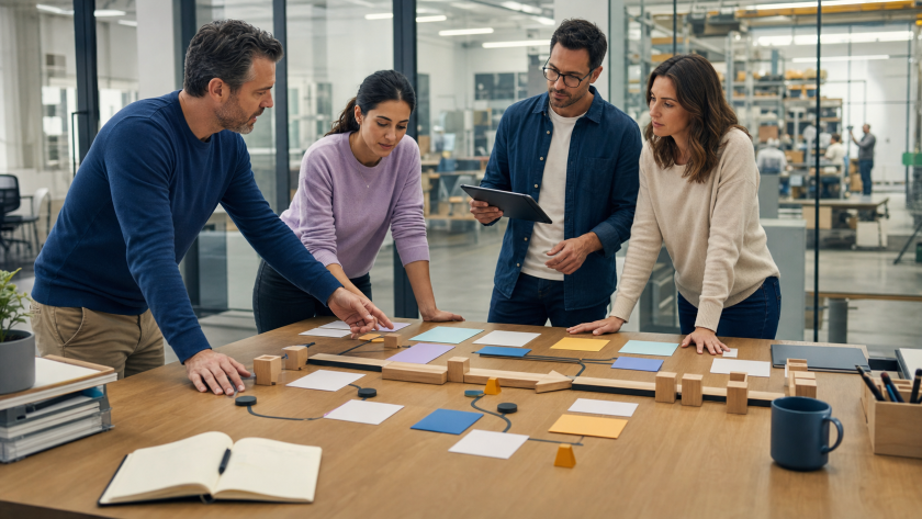 Equipo de operaciones y gestión de proyectos diseñando un proceso, sus dependencias y controles con inteligencia artificial
