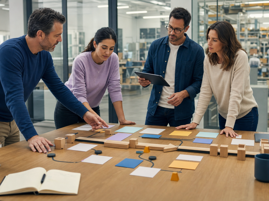 Equipo de operaciones y gestión de proyectos diseñando un proceso, sus dependencias y controles con inteligencia artificial