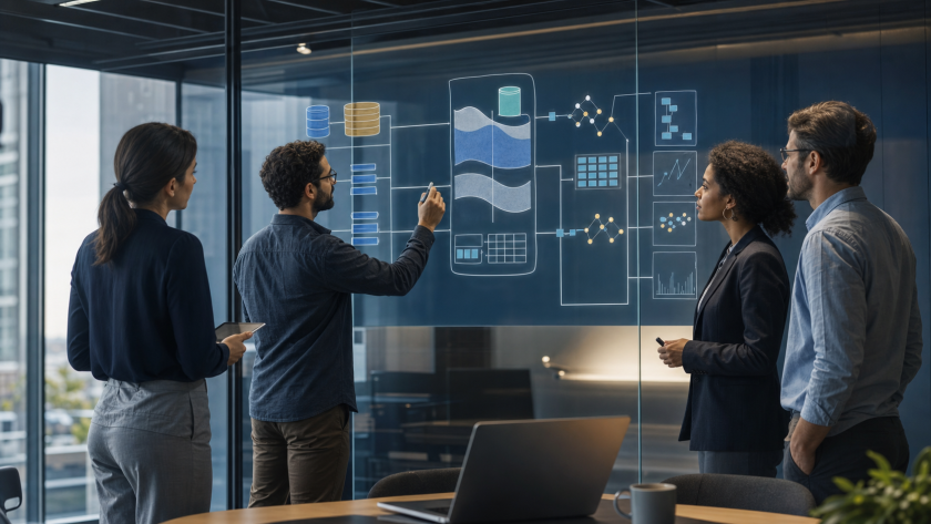 Equipo trazando la ingesta, transformación, gobierno y consumo de una plataforma de datos empresarial