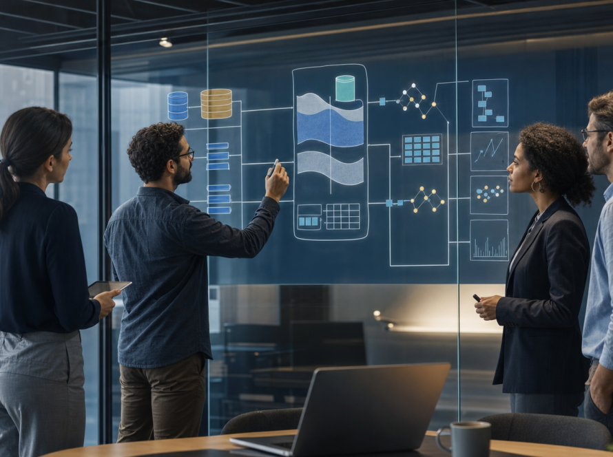 Equipo trazando la ingesta, transformación, gobierno y consumo de una plataforma de datos empresarial
