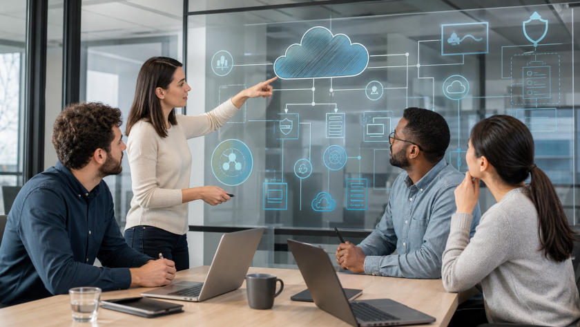 Equipo diseñando una arquitectura cloud empresarial segura, administrable y resiliente