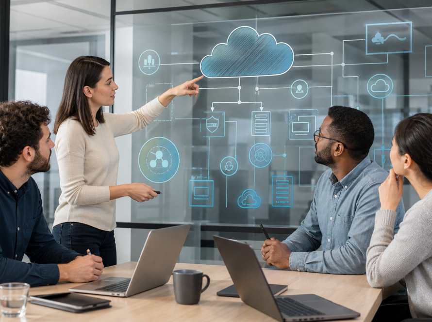Equipo diseñando una arquitectura cloud empresarial segura, administrable y resiliente