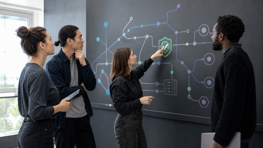Equipo revisando administración, automatización, seguridad y agentes de inteligencia artificial en el ciclo de desarrollo
