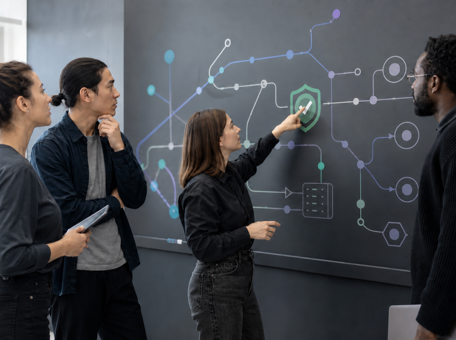 Equipo revisando administración, automatización, seguridad y agentes de inteligencia artificial en el ciclo de desarrollo
