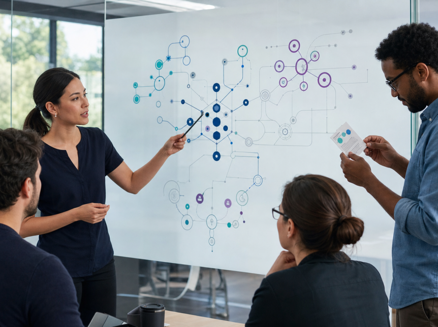 Equipo revisando la arquitectura, evaluación, seguridad y supervisión de aplicaciones y agentes de inteligencia artificial